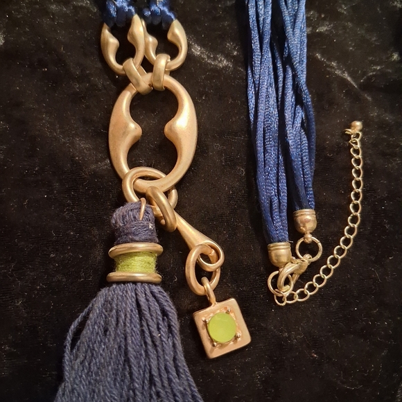 Vintage Jewelry - Vintage Gold and Navy Blue Statment  Tassel Necklace chunky accents.38 In Long